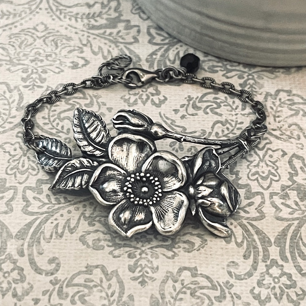 Floral Bracelet Flowers Spring Summer Silver vintage nature boho gypsy handmade